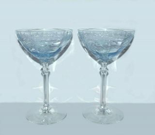 2 Fostoria Etched Crystal 5098 Blue June Champagne Glasses Tall Sherbet Goblets