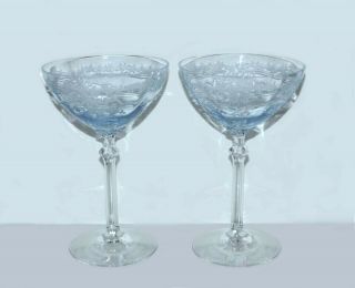 2 FOSTORIA ETCHED CRYSTAL 5098 Blue June CHAMPAGNE GLASSES TALL SHERBET GOBLETS 4