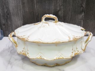 Theodore Haviland France13 " Oval Soup Tureen Schleiger 133 White W/gold Scrolls