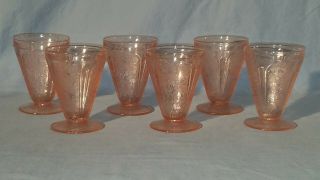 Six (6) Jeannette Depression Glass Pink Cherry Blossom Footed Tumblers,  4 Oz
