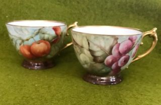 Antique Limoges France Set Of 2 Hand Painted Fruit Teacups Peaches Grapes 2.  5”h