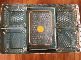 Vintage Jeanette Glass 4 Ashtray Set W/ Cigarette Box/lid,  22 Kt Gold Decorated