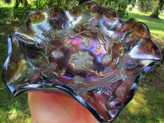 Millersburg GRAPE WREATH ANTIQUE CARNIVAL ART GLASS RUFFLD BOWL PURPLE RADIUM 5