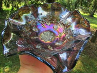 Millersburg GRAPE WREATH ANTIQUE CARNIVAL ART GLASS RUFFLD BOWL PURPLE RADIUM 6