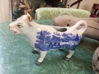 Vintage Blue Willow Figural Cow Creamer Staffordshire Ware England 1944 - 1962 3