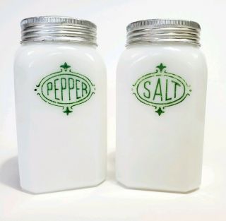 Xlg Vtg Hazel Atlas Milk Glass With Green Salt & Pepper Shakers Farmhouse