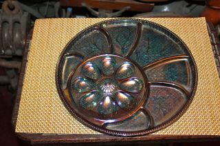 Vintage Carnival Glass Egg Plate Serving Platter Dish Leaf Designs Purple Colors