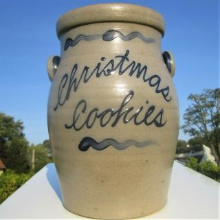 Rowe Cobalt Blue Glaze Decorated Vintage Stoneware Pottery Christmas Cookies Jar