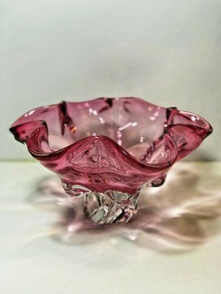 Mid Century Modern Heavy Pink Clear Floral Form Vintage Art Glass Bowl Modernist