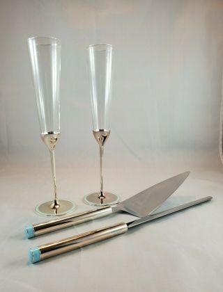 Kate Spade Aqua Wedding Champagne Flutes And Cake Knife And Server Set