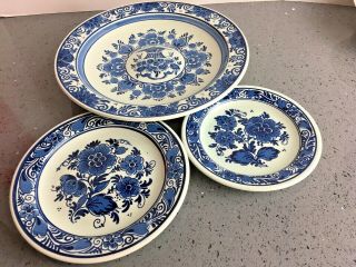 Mcm Vintage 3 Blauw Delft Distel Scr Handpntd Chinoiserie Floral Plates X119