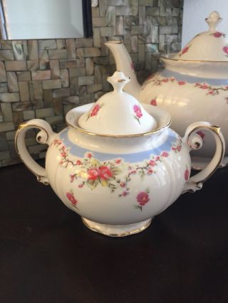 Gracie China 5 Pc Tea Set Rose Buds And Sky Blue Trim W/gold