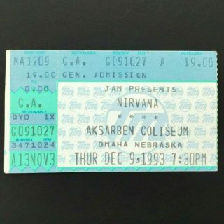 Vintage 1993 Nirvana Concert Ticket Stub,  Omaha Nebraska,  Kurt Cobain Dave Grohl
