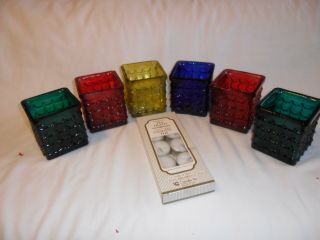 Vintage Botanicals Set Of 6 Glass Candle Holders Or Vases Green/blue/red/yellow