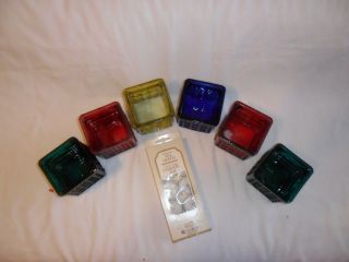 Vintage BOTANICALS Set of 6 Glass Candle Holders or Vases Green/Blue/Red/Yellow 2