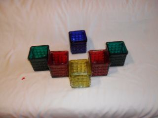 Vintage BOTANICALS Set of 6 Glass Candle Holders or Vases Green/Blue/Red/Yellow 8