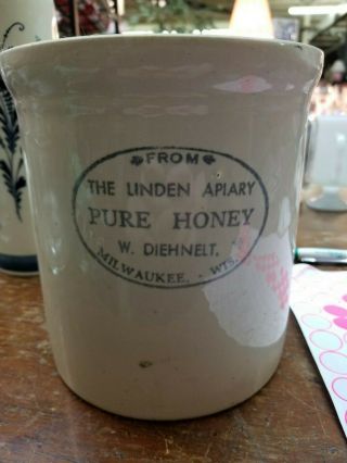 Antique Stoneware Crock " The Linden Apiary Pure Honey Milwaukee,  Wis.