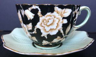 Paragon Green And Black Art Deco Cup And Saucer With White Wild Roses 2