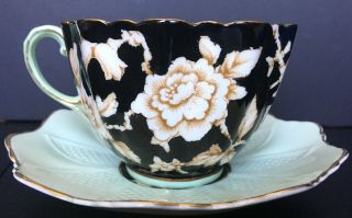 Paragon Green And Black Art Deco Cup And Saucer With White Wild Roses 3