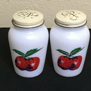 Vintage Anchor Hocking Salt & Pepper Shakers.  Strawberries Milk Glass