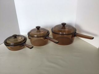 Corning Ware Visions Amber Saucepans - Set Of Three