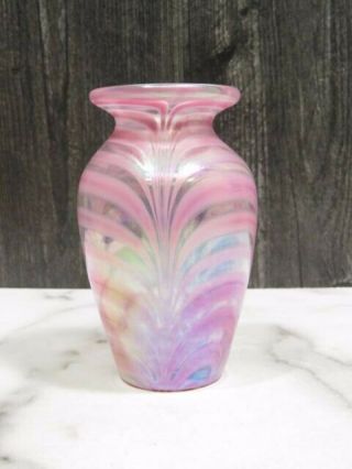 Art Glass Vase Pulled Feather Iridescent Pink Signed And Dated 4.  75 "