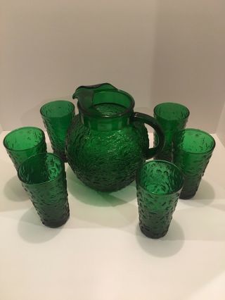 Anchor Hocking Lido Milano Forest Green Ball Pitcher 6 Drinking Glasses Vintage