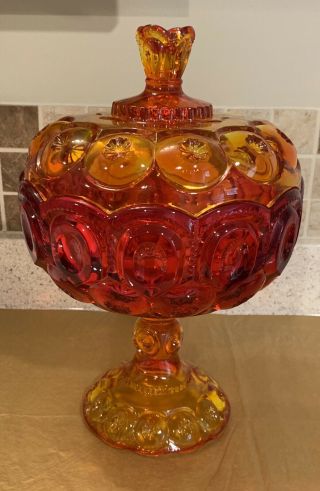 Vintage L.  E.  Smith Glass 12.  5 " Compote Candy Dish Moon & Stars Carnival Amberina