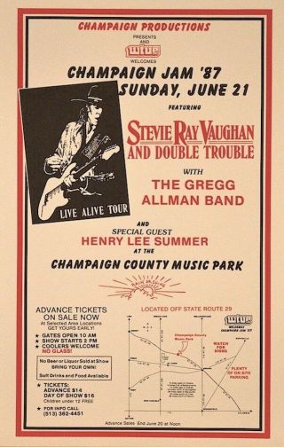 Stevie Ray Vaughan Live Alive Tour 1987 Champaign Jam Poster / Gregg Allman Band