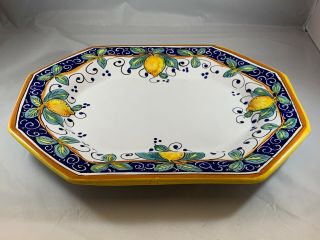 Hand Painted Made In Italy 14 3/4 " X12 " Large Tray Dark Blue & Lemons (wf)