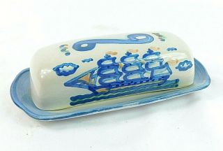 M.  A.  Hadley Signed Vintage Sailing Ship Butter Dish & Cover,  Base Has Defect