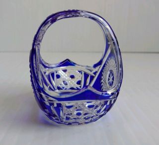 Vintage Cobalt Blue Cut to Clear Crystal Small Basket Candy Dish - Olenka,  Tarnow 2