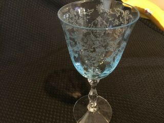 Single (1) Fostoria Navarre Blue Etched Water Goblet,  Large