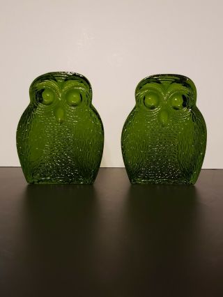 Vintage Green Glass Owl Bookends Mcm Book Ends
