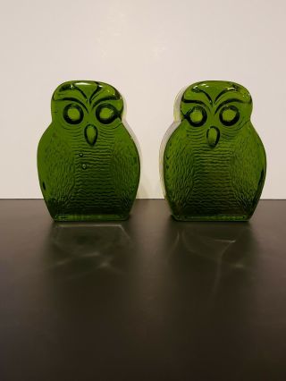 Vintage Green Glass Owl Bookends MCM Book Ends 3