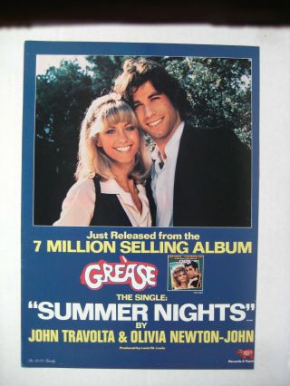 Grease John Travolta Olivia N T 1978 10x14 " Print Album Lp Cd Promo Ad