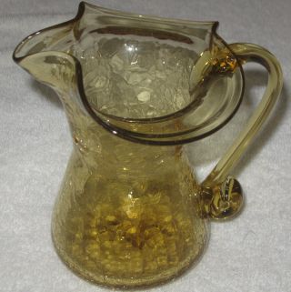 Antique/vintage Hand Blown Yellow Crackle Art Glass Pitcher - 5 " Height