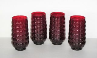 Vintage Royal Ruby Red Glass Bubble - Set Of 4 Tall Ice Tea Tumblers - 16 Oz Siz