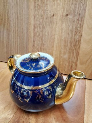 Vintage Hall China Teapot Cobalt Blue Gold Floral Design With Lid