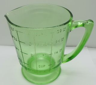 VTG MEASURING CUP DEPRESSION GLASS GREEN VASELINE URANIUM 4 CUPS 1 QUART 32 OZ 2