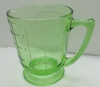 VTG MEASURING CUP DEPRESSION GLASS GREEN VASELINE URANIUM 4 CUPS 1 QUART 32 OZ 3