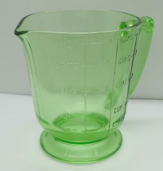 VTG MEASURING CUP DEPRESSION GLASS GREEN VASELINE URANIUM 4 CUPS 1 QUART 32 OZ 4