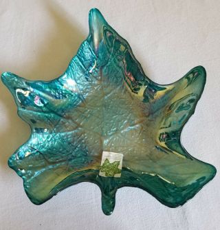 Large Hand Decorated Teal Glass Leaf Made In Turkey Candy Dish Serving Plate