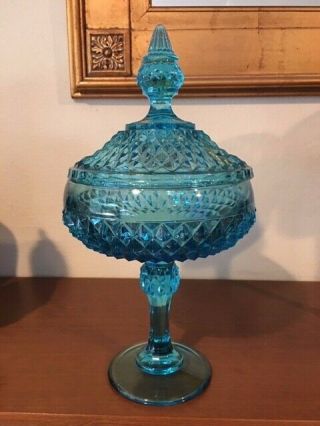 Vtg Aqua Turquoise Diamond Point Glass Pedestal Candy Compote Dish W/lid 11 1/2 "