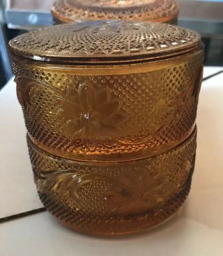 Set Of 4 Vintage Tiara Amber Indiana Glass Puff Stacking Trinket Boxes & 2 Lids