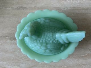 Jadeite Green Glass Hen on Nest Basket Covered Candy Dish 2