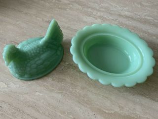 Jadeite Green Glass Hen on Nest Basket Covered Candy Dish 3