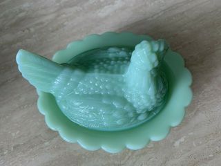 Jadeite Green Glass Hen on Nest Basket Covered Candy Dish 6