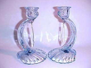 Pair Blue Caprice 7 " Candlesticks With Prisims / Cambridge Glass Co