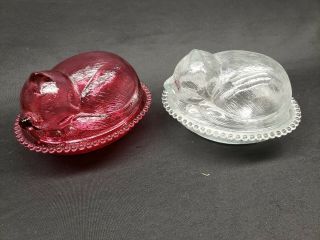 Vintage Indiana Glass Cranberry 1 Pink & 1 Clear Sleeping Kitten Cat On A Nest